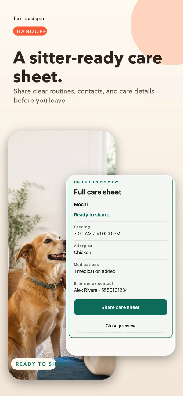 Shareable sitter care sheet in TailLedger